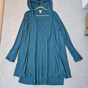 Athleta Harmony Wrap Duster Open Cardigan Hooded Turquoise Green Large L Ribbed